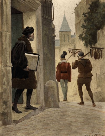 Meister Janotus von Bragmardo verlässt das Pariser Haus von Gargantua mit den Geschenken von Gargantua. Illustration von Jules Garnier. In "Rabelais et l