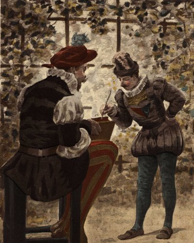 Pantagruel, hält ein Buch von Virgil, und Panurge. Pantagruel. Illustration von Jules Garnier. In „Rabelais et l