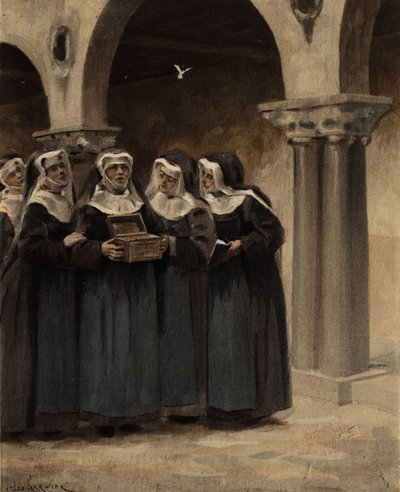 Die Nonnen der Abtei von Coingnaufond öffnen die von Papst Johannes XXII. gespendete Schachtel. Illustration von Jules Garnier. In "Rabelais et l