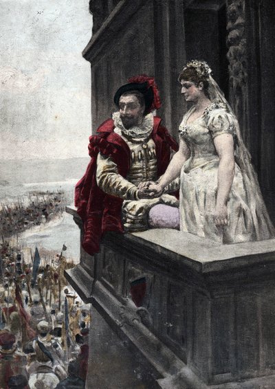 Junge verheiratete Männer beobachten Soldaten, die in den Krieg ziehen. Illustration von Jules Garnier. In "Rabelais et l