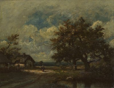 Das Häuschen am Straßenrand, stürmischer Himmel von Jules Dupré