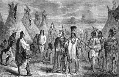 Gruppe von Delaware-Indianern in ihrem Tipi-Lager. Gravur zugeschrieben Janet Lange, ca. 1870. Illustration der Hachette-Ausgabe von 1888 des Buches „Der letzte Mohikaner“, nach Fenimore Cooper. von Jules Pelcoq