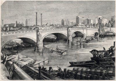 Transformationen von Paris unter dem Zweiten Kaiserreich, Haussmann-Paris: Arbeiten vor der Alma-Brücke in Paris für den Durchgang des Sammlers am Boden der Seine. Zeichnung von Jules Pelcoq. Gravur in „The Illustrious Universe“. von Jules Pelcoq