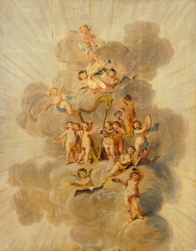 Geflügelte Cherubim mit Musikinstrumenten, Abschnitt der Musikzimmer-Dekorationsleiste, Kenwood House, London (Tapete) von Julius Caesar Ibbetson