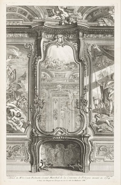 Kabinett von Herrn Graf Bielenski, Großmarschall der Krone von Polen, ausgeführt 1734; Kamin mit Spiegel, mit auf jeder Seite einem Teil der Wandverkleidung und Gemälden, 1. Platte von Juste-Aurèle Meissonnier