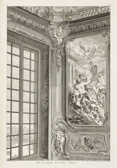 Ansicht der Ecke desselben Kabinetts; Ansicht der Ecke desselben Kabinetts, zeigt links ein großes Fenster und rechts das Gemälde von Zephyr und Flora, 2. Platte von Juste-Aurèle Meissonnier