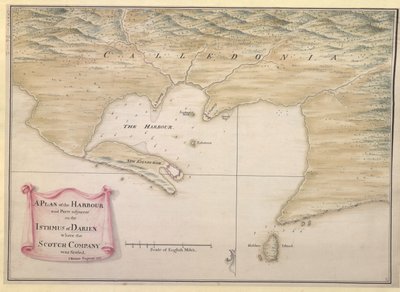 Plan des Hafens und der angrenzenden Teile auf der Landenge von Darien, wo die schottische Gesellschaft angesiedelt war. I. Watson: Ingenieur: 1743 von Justly Watson