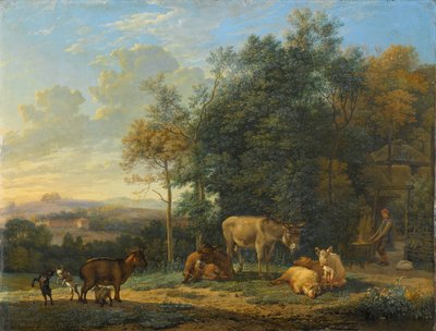 Landschaft mit zwei Eseln, Ziegen und Schweinen von Karel Du Jardin
