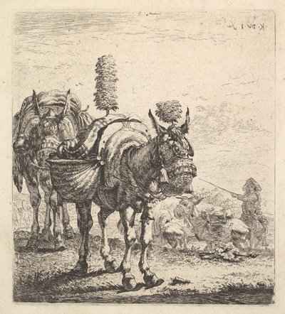 Zwei Maultiere mit Körben und ausgestattet mit Scheuklappen, Federn und Quasten, ein Maultier..., ca. 1641-78 von Karel Du Jardin