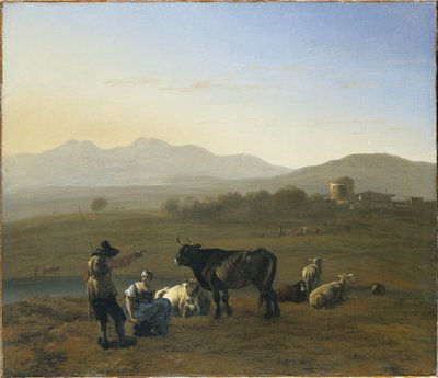 Eine weite Landschaft in der römischen Campagna, mit Vieh und Hirten, 1975 von Karel Dujardin
