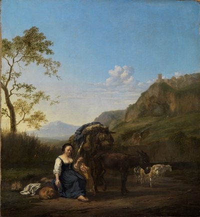 Spinnende Bäuerin in italienischer Berglandschaft von Karel Dujardin