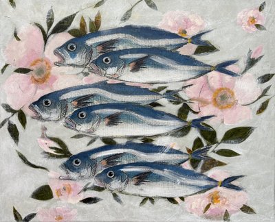Blaue Fische rosa Blumen von Karenina Fabrizzi