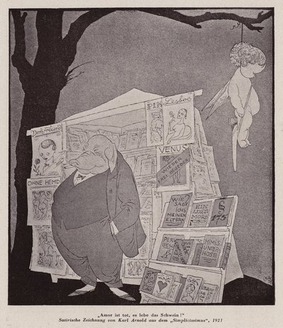 Amor hängt von einem Baum über einem Straßenkiosk, der Pornografie verkauft von Karl Arnold