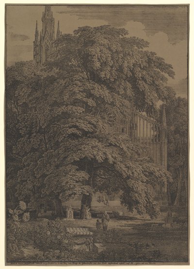 Gotische Kirche hinter einem Baum von Karl Friedrich Schinkel