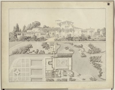 Potsdam-Sanssouci. Römische Bäder bei Schloss Charlottenhof. Ansicht von Westen und Grundriss des Gärtnerhauses von Karl Friedrich Schinkel