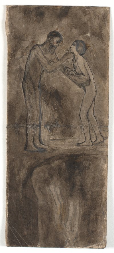 Kompositionsskizze, nackter Mann und Frau mit Kind. Am unteren Rand, auf dem Kopf stehend, nackte Figur von Karl Isakson