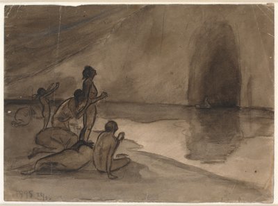 Nackte Menschen am Strand von Aurvangaland sehen das Boot mit Heimdal kommen von Karl Isakson