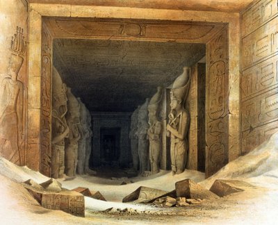 Riesige Kalkstein-Statuen von Ramses II (1304-1237 v. Chr.). Lithographie nach Karl Richard Lepsius (1810-1884) Preußischer Ägyptologe. Jede hält Krummstab und Geißel, Symbole der Königsherrschaft. von Karl Richard Lepsius