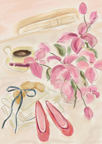 Stillleben Aquarellillustration mit Ballerinas von Katharina Puritscher