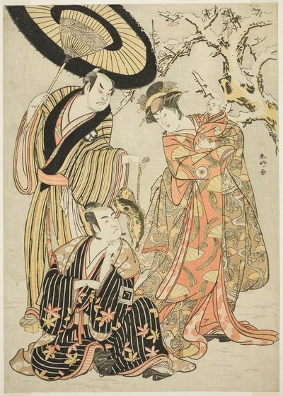 Schauspieler Iwai Hanshirō IV, Ichikawa Monnosuke II und Sakata Hangorō III in „Schneeflocken: Die Fahne in Izu hissen“ („Mutsu no Hana Izu no Hataage“) von Katsukawa Shunkо̄