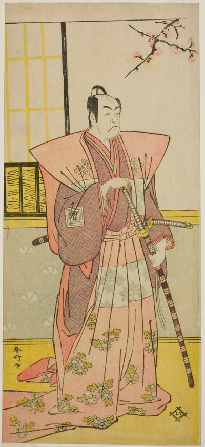 Der Schauspieler Ichikawa Omezo I als Koyurugi Motomenosuke im Stück Haru no Nishiki Date-zome Soga, aufgeführt im Nakamura Theater im ersten Monat, 1790 von Katsukawa Shunkо̄