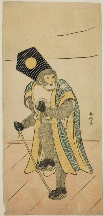 Der Schauspieler Ichimura Uzaemon IX als Affe im Stück Mitsu Ningyo Yayoi no Hinagata, aufgeführt im Nakamura-Theater im zweiten Monat, 1785 von Katsukawa Shunkо̄