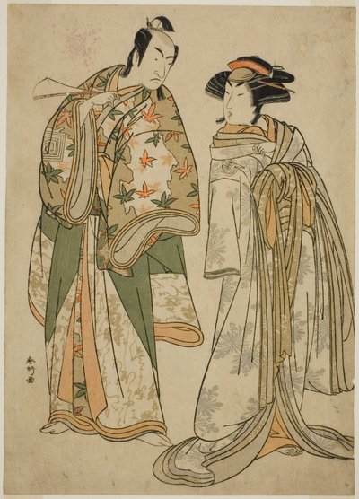 Die Schauspieler Segawa Kikunojo III als Kurtisane Sumizome (rechts) und Ichikawa Monnosuke II als Goinosuke Yoshimine (links) im Stück Juni-hitoe Komachi-zakura, aufgeführt im Kiri-Theater im elften Monat, 1784 von Katsukawa Shunkо̄