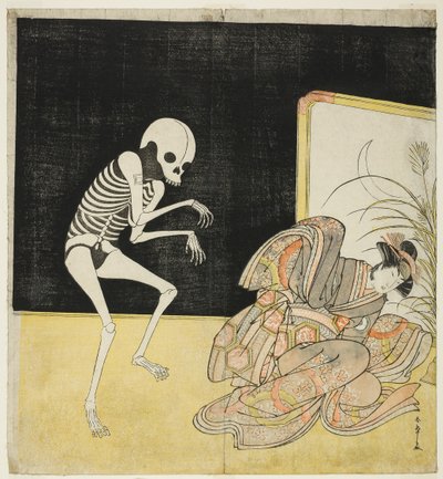 Ichikawa Danjūrō V als Skelett, Geist des abtrünnigen Mönchs Seigen, und Iwai Hanshirō IV als Kirschblütenprinzessin, in „Blume von Edo: Eine Ichikawa-Saga“ (Edo no Hana Mimasu Soga) von Katsukawa Shunsho