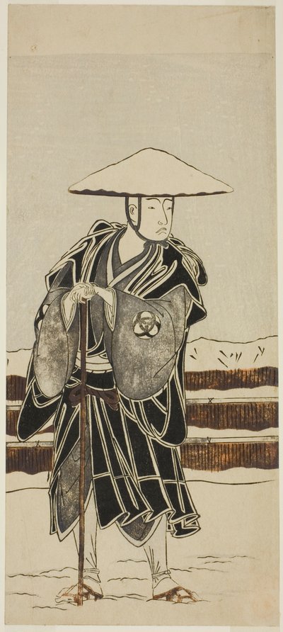 Der Schauspieler Bando Mitsugoro I als Abt Saimyo-ji Tokiyori, verkleidet als Mönch, in der Joruri "Onna Hachi no Ki" (Eine weibliche Version von "Die Topfbäume") aus dem zweiten Teil des Stücks Onna Aruji Hatsuyuki no Sekai (Eine Frau als Meister: Die Wel von Katsukawa Shunsho