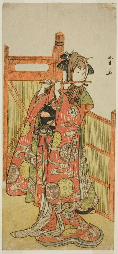 Der Schauspieler Segawa Kikunojo III als Kojoro-gitsune verkleidet als Floristin Okiku im Stück Mure Takamatsu Yuki no Shirahata, aufgeführt im Ichimura-Theater im elften Monat, 1780 von Katsukawa Shunsho