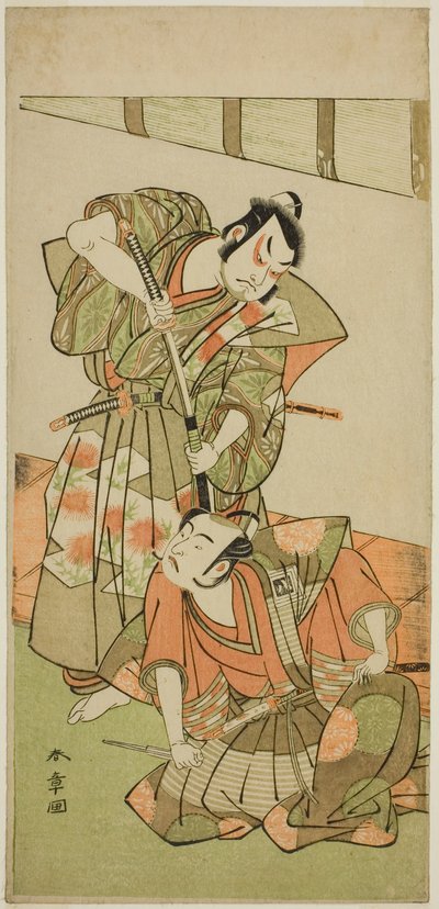 Die Schauspieler Ichikawa Yaozo II als Konoshita Hyokichi (?) (rechts) und Sakata Hangoro II als Matsunaga Daizen Hisahide (?) (links) im Stück Gion Sairei Shinko Ki (?), aufgeführt im Ichimura Theater (?) im fünften Monat, 1775 (?) von Katsukawa Shunsho