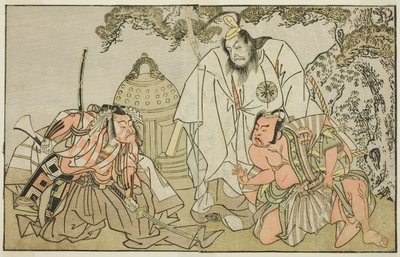 Die Schauspieler Nakajima Mihoemon II als Aramaki Mimishiro (rechts), Matsumoto Koshiro II als Otomo no Yamanushi (Mitte) und Ichikawa Danzo III als Hannya no Goro (links), im Stück Kuni no Hana Ono no Itsumoji, aufgeführt im Nakamura-Theater im elften Mon von Katsukawa Shunsho