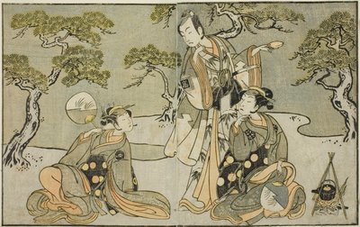 Die Schauspieler Nakamura Nakazo I als Matsukaze (rechts), Ichikawa Komazo II als Ariwara no Yukihira (Mitte) und Iwai Hanshiro IV als Murasame (links), im Stück Kuni no Hana Ono no Itsumoji, aufgeführt im Nakamura-Theater im elften Monat, 1771 von Katsukawa Shunsho