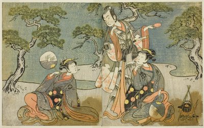 Die Schauspieler Nakamura Nakazo I als Matsukaze (rechts), Ichikawa Komazo II als Ariwara no Yukihira (Mitte) und Iwai Hanshiro IV als Murasame (links), im Stück Kuni no Hana Ono no Itsumoji, aufgeführt im Nakamura Theater im elften Monat, 1771 von Katsukawa Shunsho