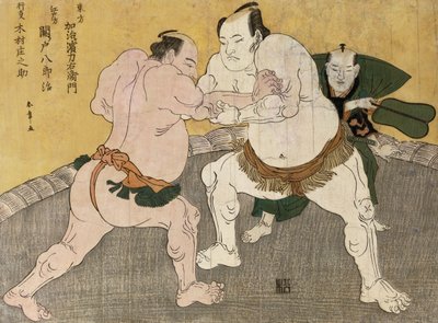 Der Wrestling-Kampf zwischen Kimenzan Tanigoro und Edogasaki Gemji von Katsukawa Shunsho