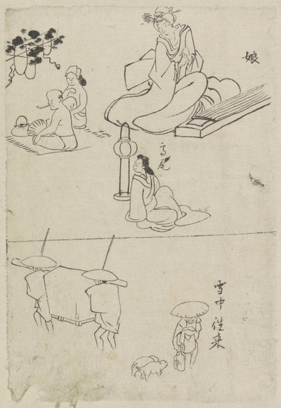 Verschiedene Darstellungen, unter anderem von einer Dame mit einem Koto, einer sitzenden Dame und zwei Männern von After Katsushika Hokusai