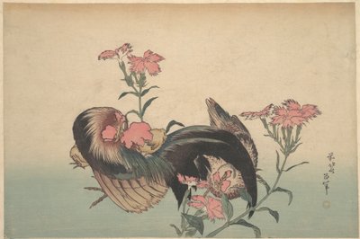 Hahn, Henne und Nadeshiko (Dianthus Superbus) von Katsushika Hokusai