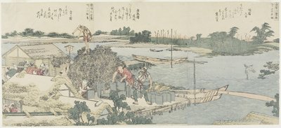 Kranich und Kieferfeld bei Shirahige, Taya bei Hashiba, 1775-1849 von Katsushika Hokusai