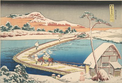 Alte Ansicht der Boot-Brücke bei Sano in der Provinz Kōzuke, aus der Serie Bemerkenswerte Ansichten von Brücken in verschiedenen Provinzen von Katsushika Hokusai