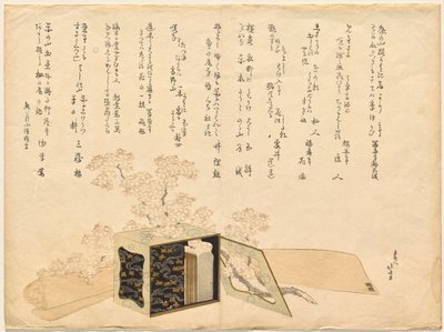 Tragbarer Lack-Picknickträger und Kirschblüten von Katsushika Hokusai
