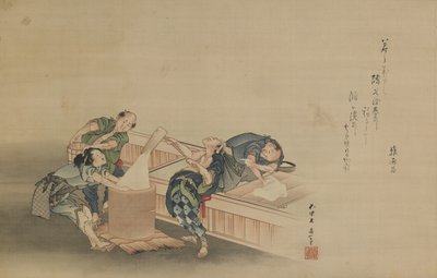 Reis stampfen für Mochi, beschriftet von Momomoto Hinamaro, Edo-Periode, ca. 1822 (Tinte und Farbe auf Seide, als Hängerolle montiert) von Katsushika Hokusai