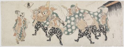 Sechs männliche Götter führen den Löwentanz auf, 1797-1819 von Katsushika Hokusai