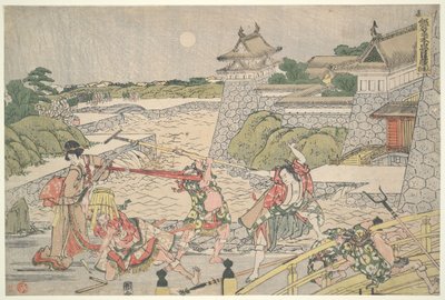 Die loyale Liga der siebenundvierzig Rōnin (Chūshingura), Akt III: Kampei wird von Bannai und seinen Männern angegriffen von Katsushika Hokusai