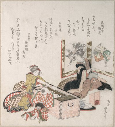 Frauen bereiten Tee um den Feuerhalter vor von Katsushika Hokusai