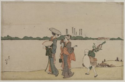 Frauen und Kinder gehen entlang des Sumida-Flusses von Katsushika Hokusai