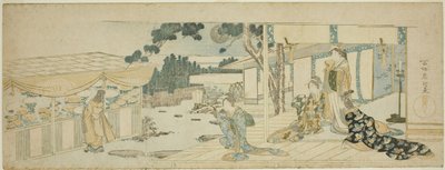 Frauen auf der Veranda schauen einem Mädchen zu, das Blumen pflückt von Katsushika Hokusai