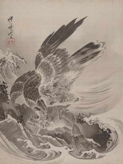 Adler greift Fisch an von Kawanabe Kyosai