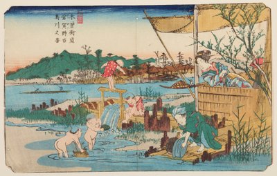 Kuragano, im Wasser spielende Kinder, Tafel 13 aus der Serie: Neunundsechzig Stationen der Kisokaido-Straße / Kisokaido rokujukyu tsugi-no uchi von Keisai Eisen