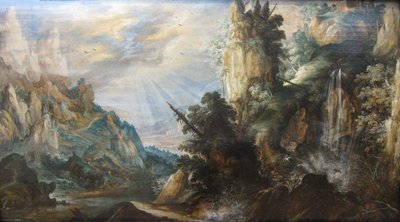 Eine gebirgige Landschaft mit einem Wasserfall von Kerstiaen de Keuninck, um 1600 von Kerstiaen de Keuninck
