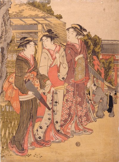 Drei Schönheiten auf dem Marktplatz von Kikukawa Eizan